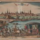 Een adellijk gezelschap trekt over de schipbrug naar Zutphen, ingekleurde gravure door of naar Petrus Kaerius begin 17e eeuw